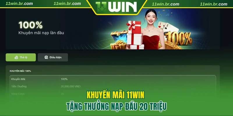 Khuyến mãi 11WIN – thưởng nạp lần đầu 100% tối đa 20 triệu đồng